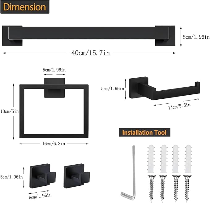 5 Piece Bathroom Towel Bar Set - SUS304 Stainless Steel Bath Towel Holder 15.7 Inch Towel Racks for Bathroom Wall Mounted Bathroom Hardware Accessories Set - Matte Black