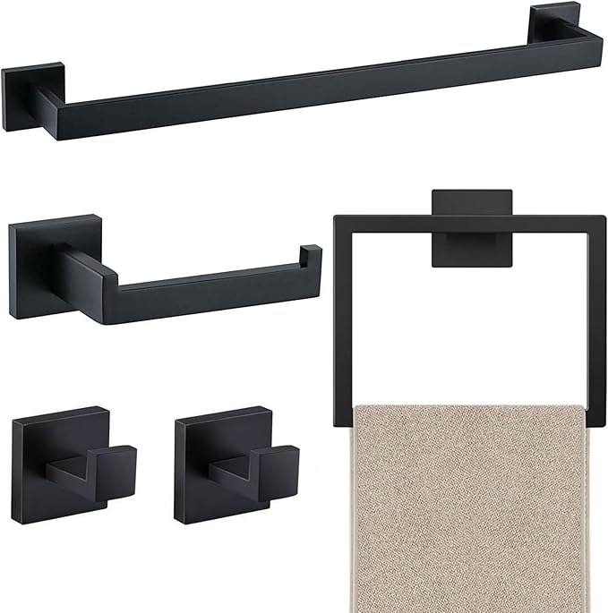 5 Piece Bathroom Towel Bar Set - SUS304 Stainless Steel Bath Towel Holder 15.7 Inch Towel Racks for Bathroom Wall Mounted Bathroom Hardware Accessories Set - Matte Black