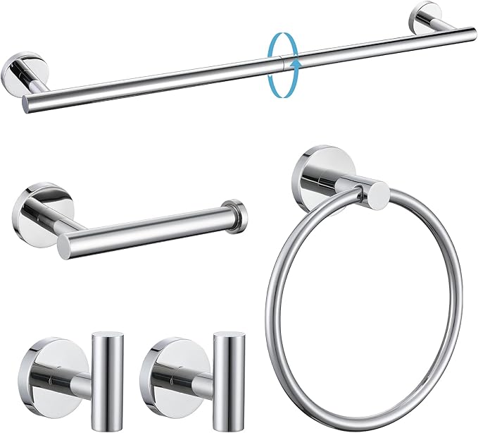 TURS Chrome 5 Piece Bathroom Hardware Set SUS304 Stainless Steel 24 Inch Bath Towel Bar Set Round Bathroom Accessories Kit Wall Mounted
