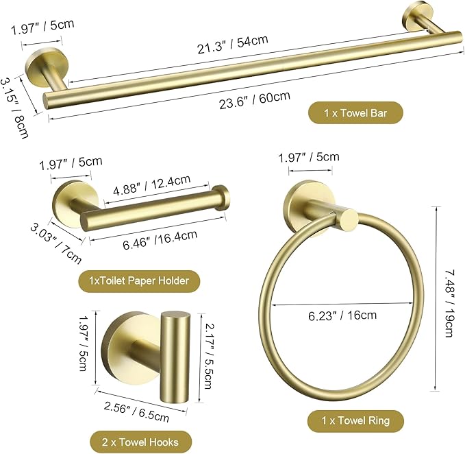 TURS Brushed Gold Bathroom Hardware Set 5 Piece SUS304 Stainless Steel Bath Towel Bar Set 24 Inch Bathroom Accessories Kit Wall Mounted
