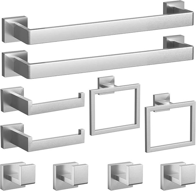 Bathroom Hardware Set Brushed Nickel 10-Pieces Bathroom Towel Rack SUS304 Stainless Steel Bath Towel Bar Set Towel Racks Wall Mounted.