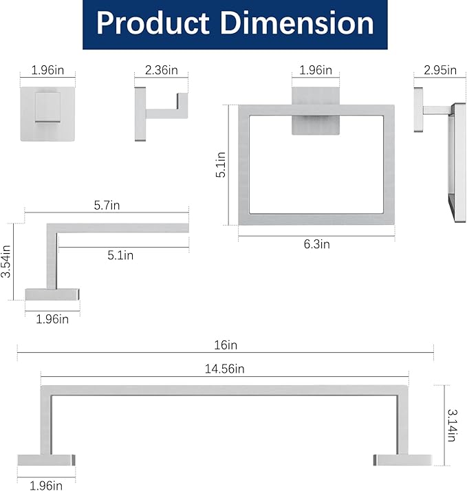 Brushed Nickel Towel Rack for Bathroom Wall Mounted Bathroom Accessory Set 5-Pieces Bathroom Hardware Set 16In Towel Bar Set