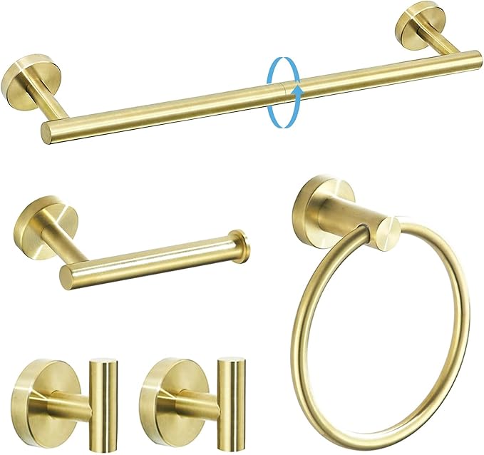 TURS Brushed Gold Bathroom Hardware Set 5 Piece SUS304 Stainless Steel Bath Towel Bar Set 24 Inch Bathroom Accessories Kit Wall Mounted