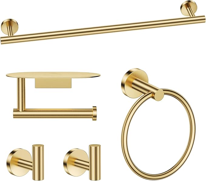 TURS Brushed Gold 5 Piece Bathroom Hardware Set SUS304 Stainless Steel Bath Towel Bar Set Bathroom Towel Rack Set Wall Mounted