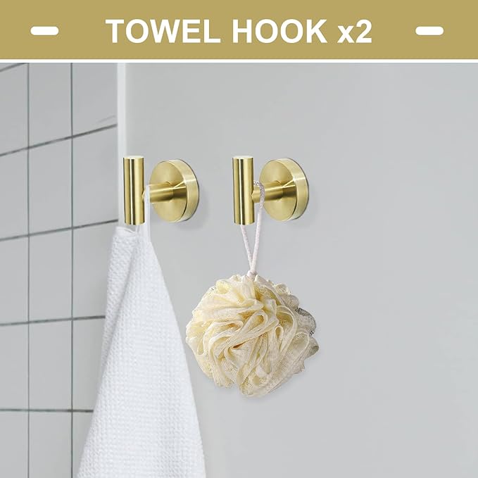 TURS Brushed Gold Bathroom Hardware Set 5 Piece SUS304 Stainless Steel Bath Towel Bar Set 24 Inch Bathroom Accessories Kit Wall Mounted