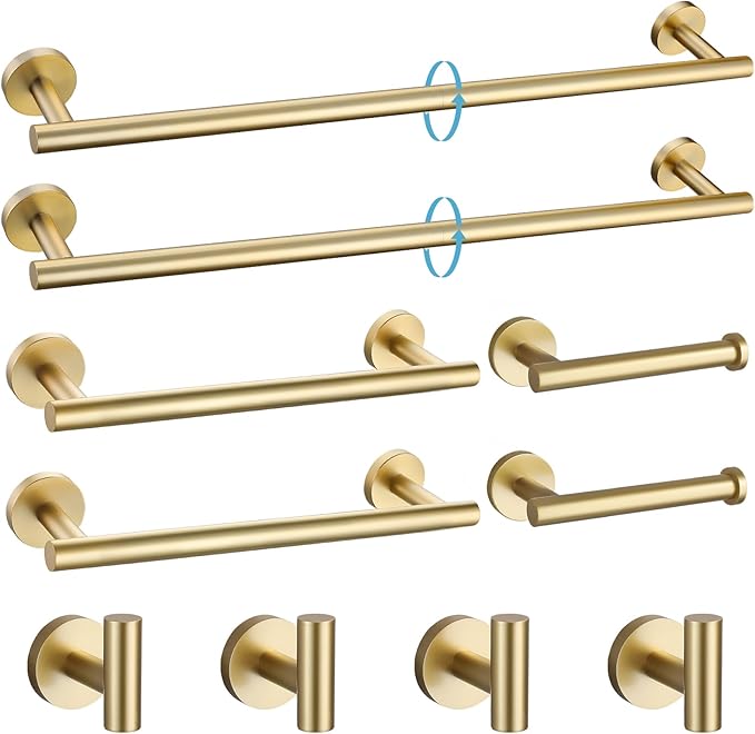 TURS Brushed Gold 10 Pieces Bathroom Hardware Set SUS304 Stainless Steel 24 Inch Bath Towel Bar Set Round Bathroom Accessories Kit Wall Mounted