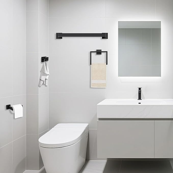 5 Piece Bathroom Towel Bar Set - SUS304 Stainless Steel Bath Towel Holder 15.7 Inch Towel Racks for Bathroom Wall Mounted Bathroom Hardware Accessories Set - Matte Black