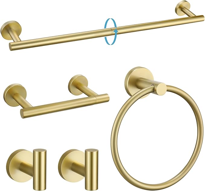 TURS Brushed Gold 5 Piece Bathroom Hardware Set SUS304 Stainless Steel Bath Towel Bar Set 23.6 Inch Round Bathroom Accessories Kit Wall Mounted