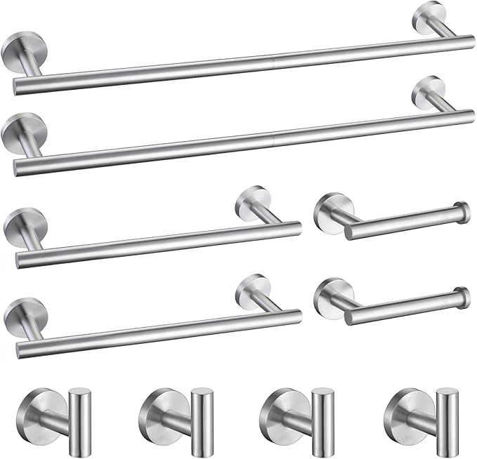 TURS Brushed Nickel 10 Pieces Bathroom Hardware Set SUS304 Stainless Steel 24 Inch Bath Towel Bar Set Round Bathroom Accessories Kit Wall Mounted
