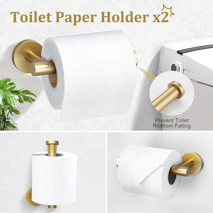 TURS Brushed Gold 10 Pieces Bathroom Hardware Set SUS304 Stainless Steel 24 Inch Bath Towel Bar Set Round Bathroom Accessories Kit Wall Mounted