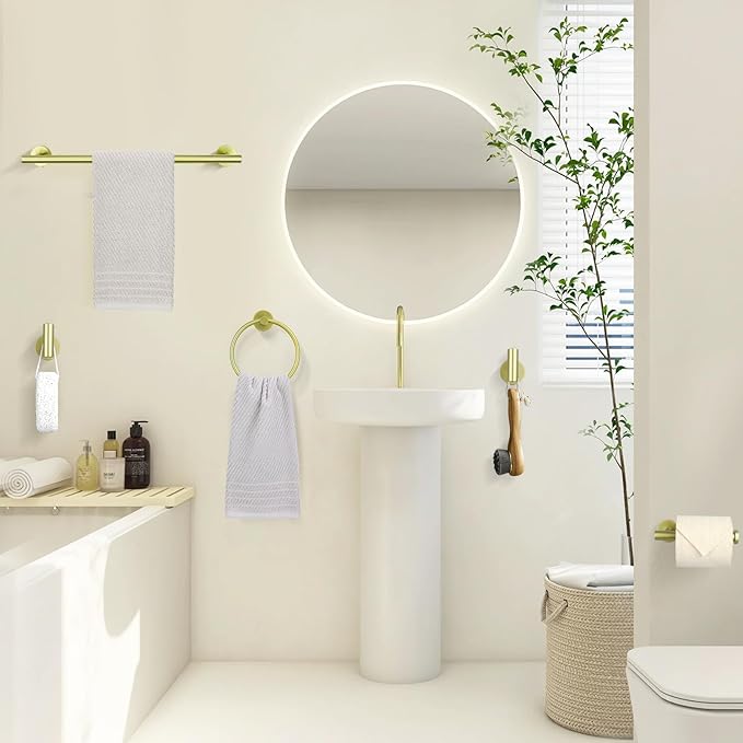 TURS Brushed Gold Bathroom Hardware Set 5 Piece SUS304 Stainless Steel Bath Towel Bar Set 24 Inch Bathroom Accessories Kit Wall Mounted