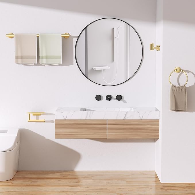 TURS Brushed Gold 5 Piece Bathroom Hardware Set SUS304 Stainless Steel Bath Towel Bar Set Bathroom Towel Rack Set Wall Mounted
