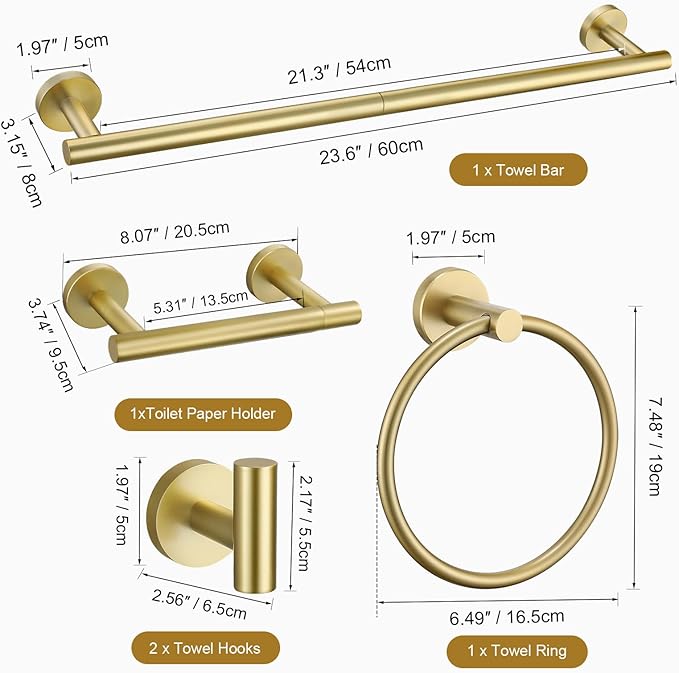 TURS Brushed Gold 5 Piece Bathroom Hardware Set SUS304 Stainless Steel Bath Towel Bar Set 23.6 Inch Round Bathroom Accessories Kit Wall Mounted