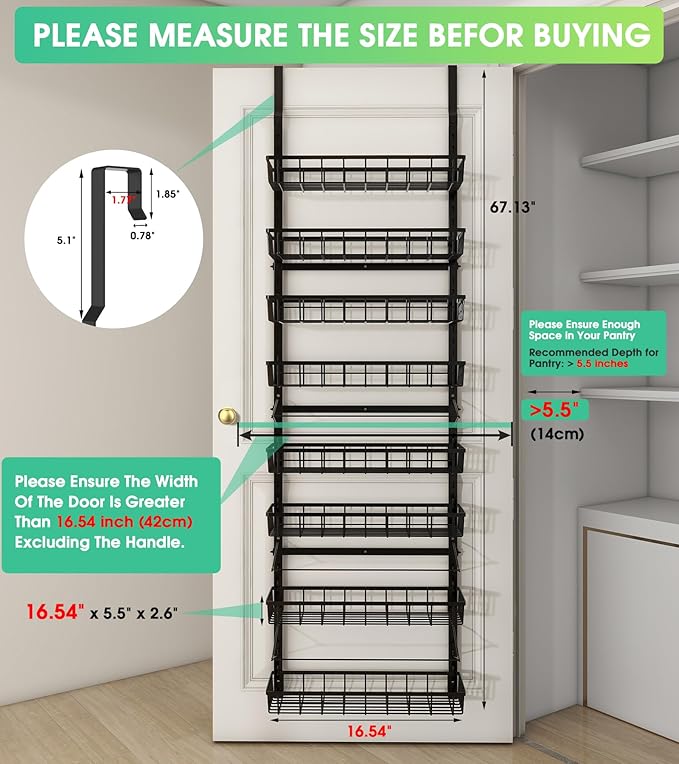 Over The Door Pantry Organizer Wall Mount Spice Rack Pantry Hanging Storage and Organization 8 Adjustable Baskets Heavy-Duty Metal for Home &amp Kitchen Back of Door Seasoning Rack - Black