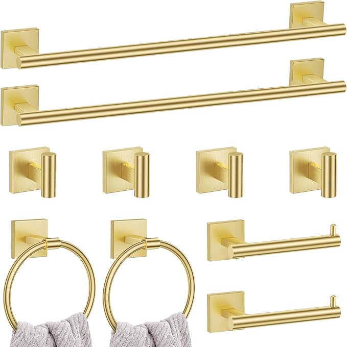 10 Pieces Brushed Gold Towel Bar Set 23.6 Inch Bathroom Accessories Set SUS304 Stainless Steel Bathroom Hardware Set Towel Racks for Bathroom Wall Mounted.
