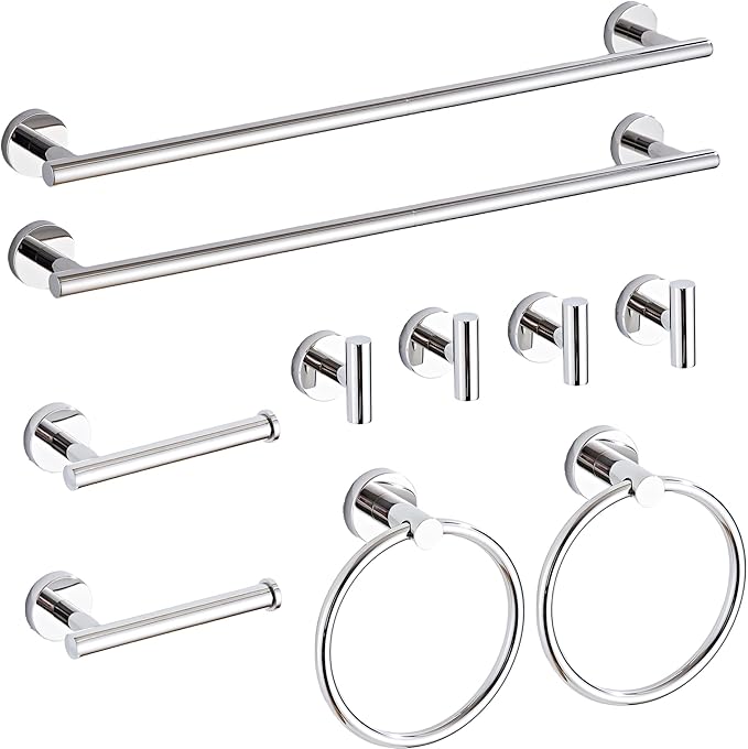 Chrome Bathroom Hardware Set 10 Piece with Towel Racks for Bathroom SUS304 Stainless Steel Bath Towel Bar Set 24 Inch Wall Mounted Accessories Kit
