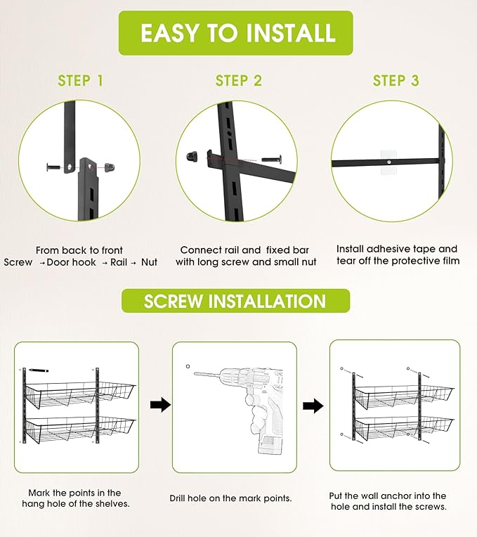 Over The Door Pantry Organizer Wall Mount Spice Rack Pantry Hanging Storage and Organization 8 Adjustable Baskets Heavy-Duty Metal for Home &amp Kitchen Back of Door Seasoning Rack - White