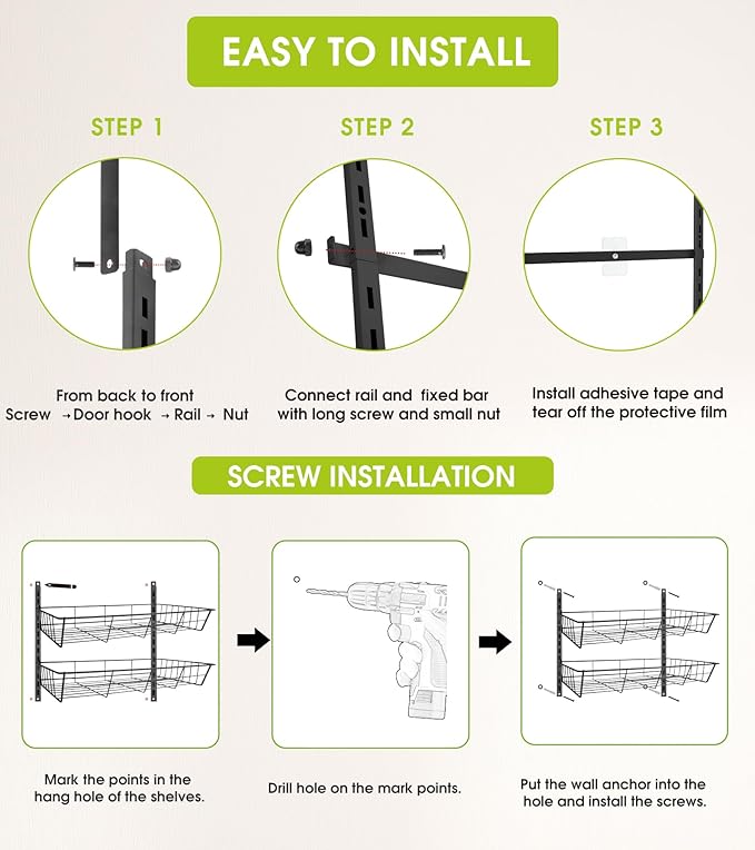 Over The Door Pantry Organizer Wall Mount Spice Rack Pantry Hanging Storage and Organization 8 Adjustable Baskets Heavy-Duty Metal for Home &amp Kitchen Back of Door Seasoning Rack - Black