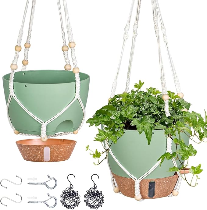 10 Inch Hanging Planters for Indoor Plants 2 Pack Self Watering Hanging Baskets Flower Pots with Drainage Hole Visual Reservoir &amp 2 Kinds of Plant Hanger for Outdoor Garden Home Decor