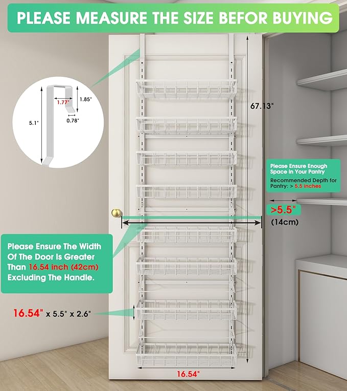 Over The Door Pantry Organizer Wall Mount Spice Rack Pantry Hanging Storage and Organization 8 Adjustable Baskets Heavy-Duty Metal for Home &amp Kitchen Back of Door Seasoning Rack - White
