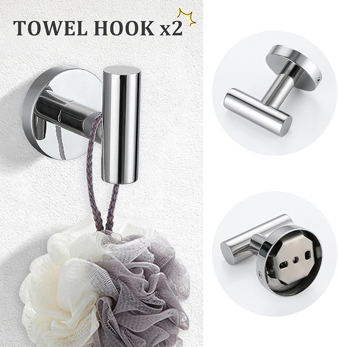 TURS Chrome 5 Piece Bathroom Hardware Set SUS304 Stainless Steel 24 Inch Bath Towel Bar Set Round Bathroom Accessories Kit Wall Mounted