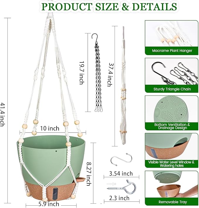 10 Inch Hanging Planters for Indoor Plants 2 Pack Self Watering Hanging Baskets Flower Pots with Drainage Hole Visual Reservoir &amp 2 Kinds of Plant Hanger for Outdoor Garden Home Decor