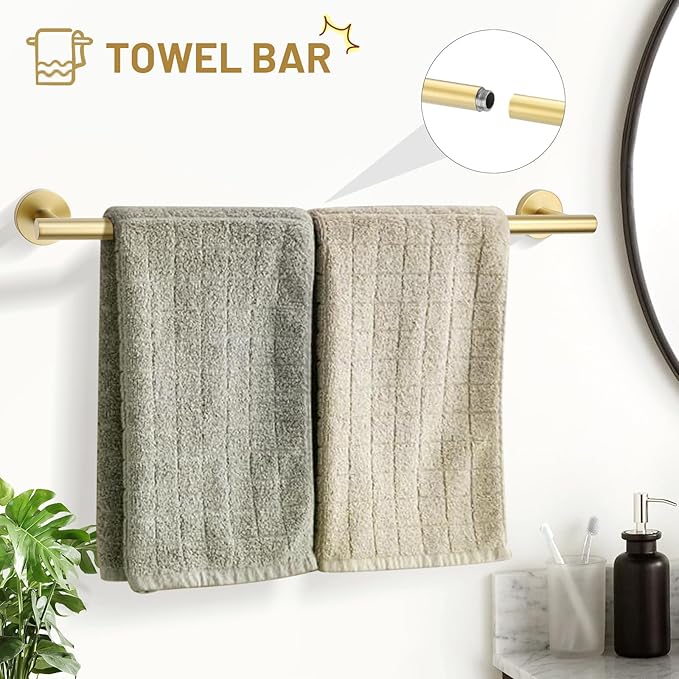 TURS Brushed Gold 5 Piece Bathroom Hardware Set SUS304 Stainless Steel Bath Towel Bar Set 23.6 Inch Round Bathroom Accessories Kit Wall Mounted