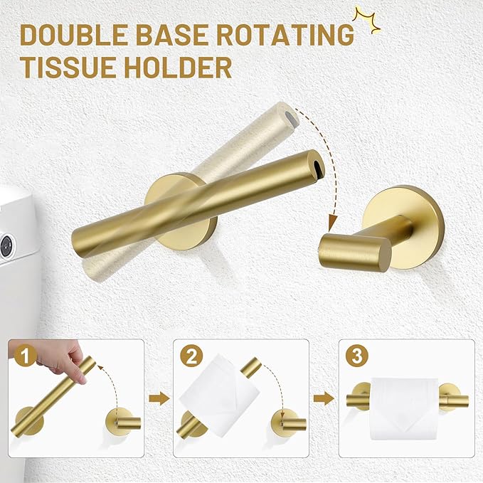 TURS Brushed Gold 5 Piece Bathroom Hardware Set SUS304 Stainless Steel Bath Towel Bar Set 23.6 Inch Round Bathroom Accessories Kit Wall Mounted