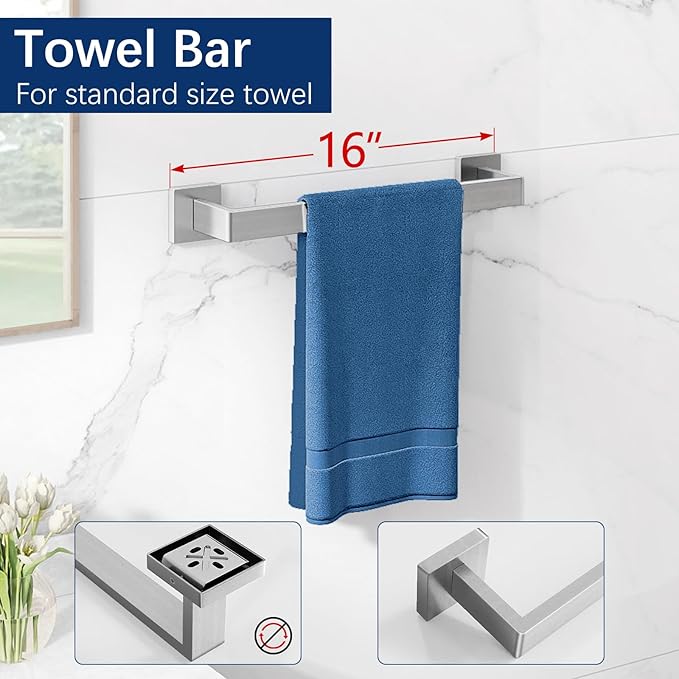 Brushed Nickel Towel Rack for Bathroom Wall Mounted Bathroom Accessory Set 5-Pieces Bathroom Hardware Set 16In Towel Bar Set