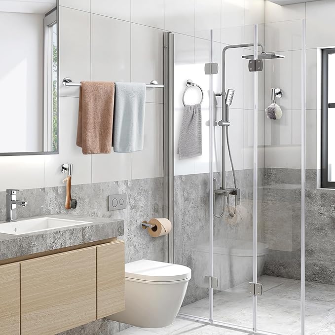 TURS Chrome 5 Piece Bathroom Hardware Set SUS304 Stainless Steel 24 Inch Bath Towel Bar Set Round Bathroom Accessories Kit Wall Mounted