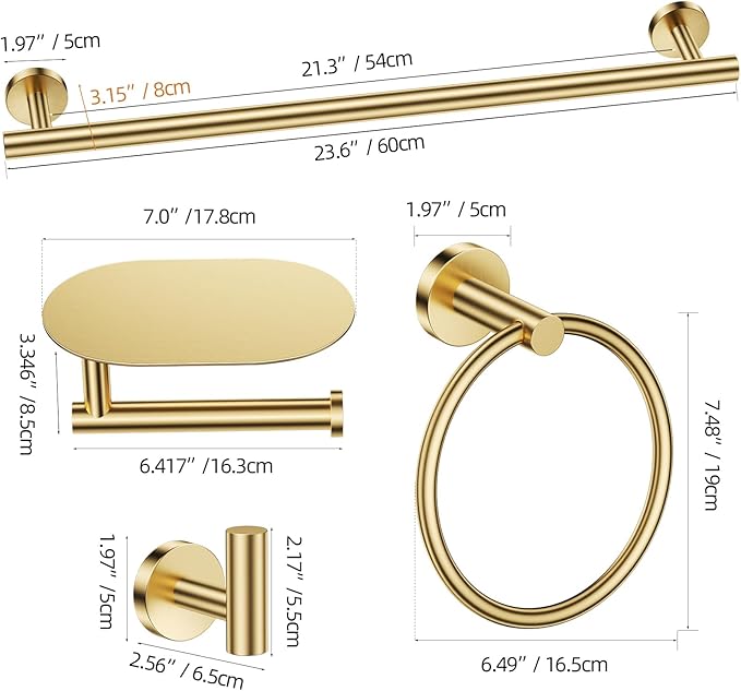 TURS Brushed Gold 5 Piece Bathroom Hardware Set SUS304 Stainless Steel Bath Towel Bar Set Bathroom Towel Rack Set Wall Mounted