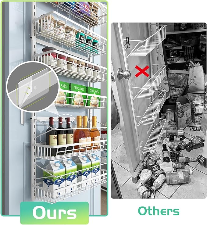 Over The Door Pantry Organizer Wall Mount Spice Rack Pantry Hanging Storage and Organization 8 Adjustable Baskets Heavy-Duty Metal for Home &amp Kitchen Back of Door Seasoning Rack - White