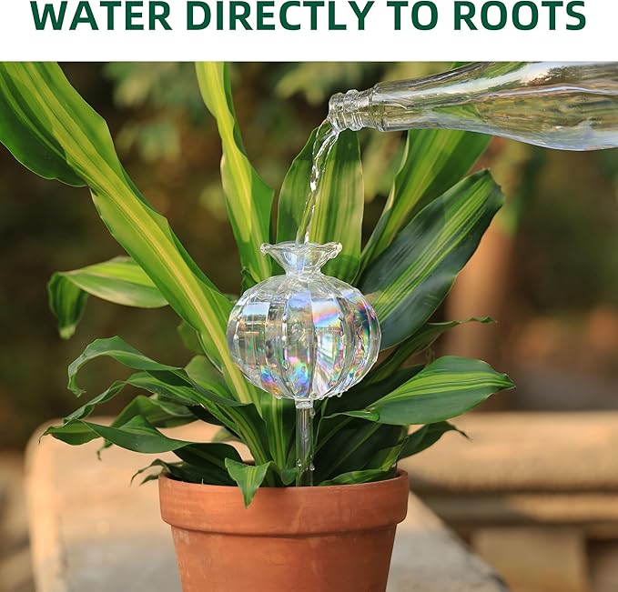 10 oz Large Top Fill Cactus Plant Watering Globes Light Iridescent Glass Water Bulbs Slow Release Self Watering Devices Vacation Plant Watering System Self Watering Planter Insert 4 Pack