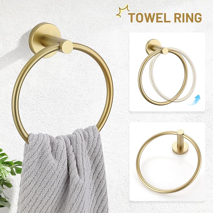 TURS Brushed Gold 5 Piece Bathroom Hardware Set SUS304 Stainless Steel Bath Towel Bar Set 23.6 Inch Round Bathroom Accessories Kit Wall Mounted