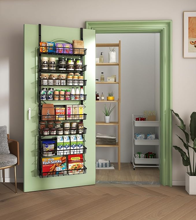 Over The Door Pantry Organizer Wall Mount Spice Rack Pantry Hanging Storage and Organization 8 Adjustable Baskets Heavy-Duty Metal for Home &amp Kitchen Back of Door Seasoning Rack - Black