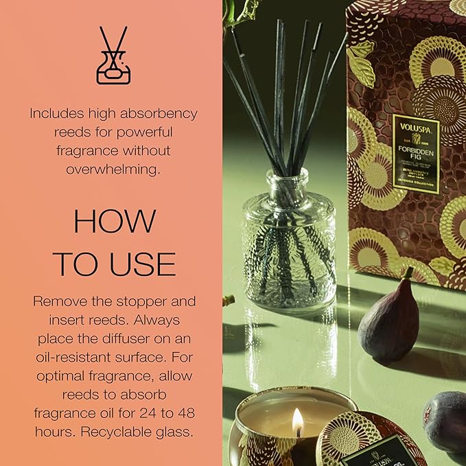 Voluspa Forbidden Fig Scented Reed Diffuser 3.4 Oz Luxury Fragrant Reed Diffusers for Home Handcrafted in The USA
