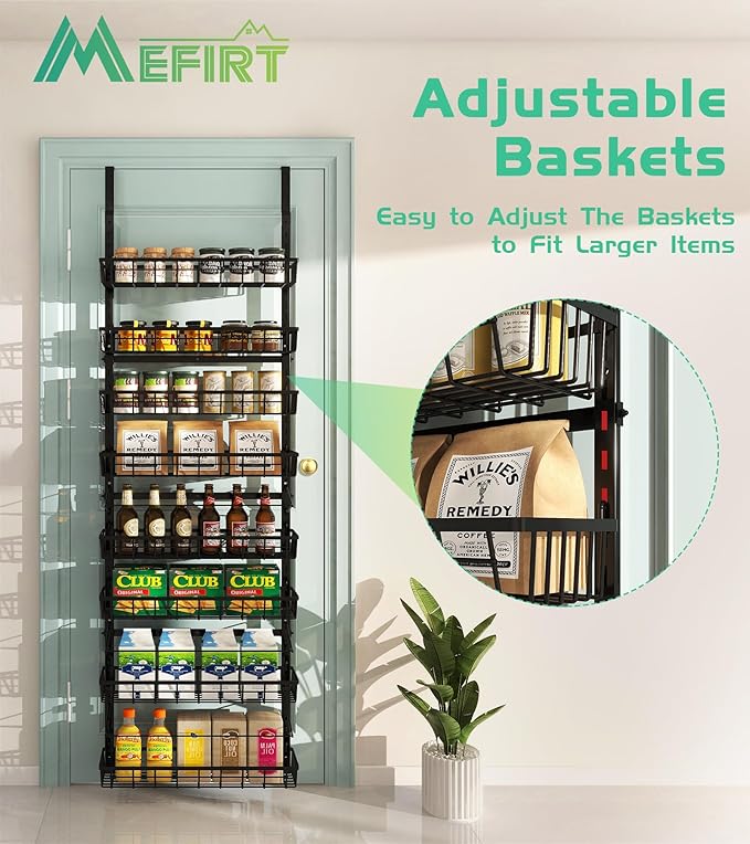 Over The Door Pantry Organizer Wall Mount Spice Rack Pantry Hanging Storage and Organization 8 Adjustable Baskets Heavy-Duty Metal for Home &amp Kitchen Back of Door Seasoning Rack - Black