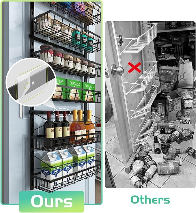 Over The Door Pantry Organizer Wall Mount Spice Rack Pantry Hanging Storage and Organization 8 Adjustable Baskets Heavy-Duty Metal for Home &amp Kitchen Back of Door Seasoning Rack - Black