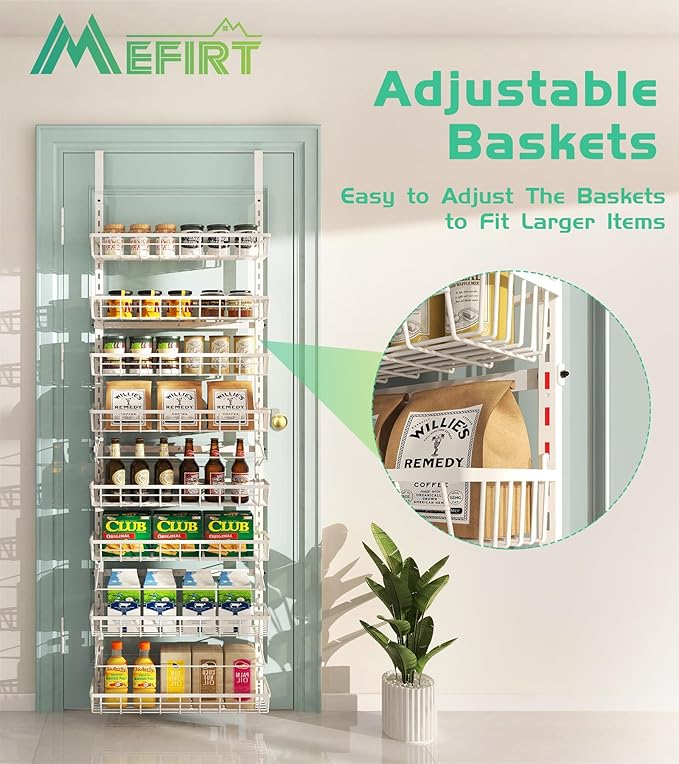 Over The Door Pantry Organizer Wall Mount Spice Rack Pantry Hanging Storage and Organization 8 Adjustable Baskets Heavy-Duty Metal for Home &amp Kitchen Back of Door Seasoning Rack - White