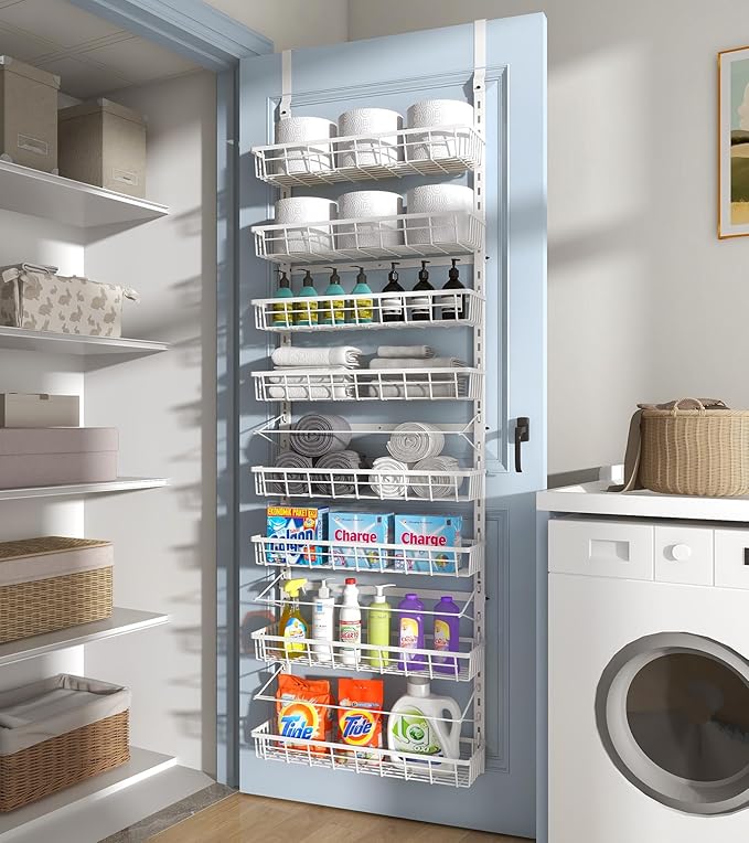 Over The Door Pantry Organizer Wall Mount Spice Rack Pantry Hanging Storage and Organization 8 Adjustable Baskets Heavy-Duty Metal for Home &amp Kitchen Back of Door Seasoning Rack - White