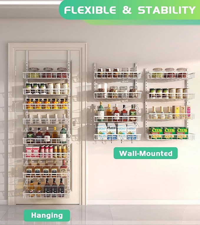 Over The Door Pantry Organizer Wall Mount Spice Rack Pantry Hanging Storage and Organization 8 Adjustable Baskets Heavy-Duty Metal for Home &amp Kitchen Back of Door Seasoning Rack - White