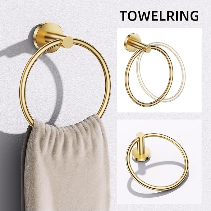 TURS Brushed Gold 5 Piece Bathroom Hardware Set SUS304 Stainless Steel Bath Towel Bar Set Bathroom Towel Rack Set Wall Mounted