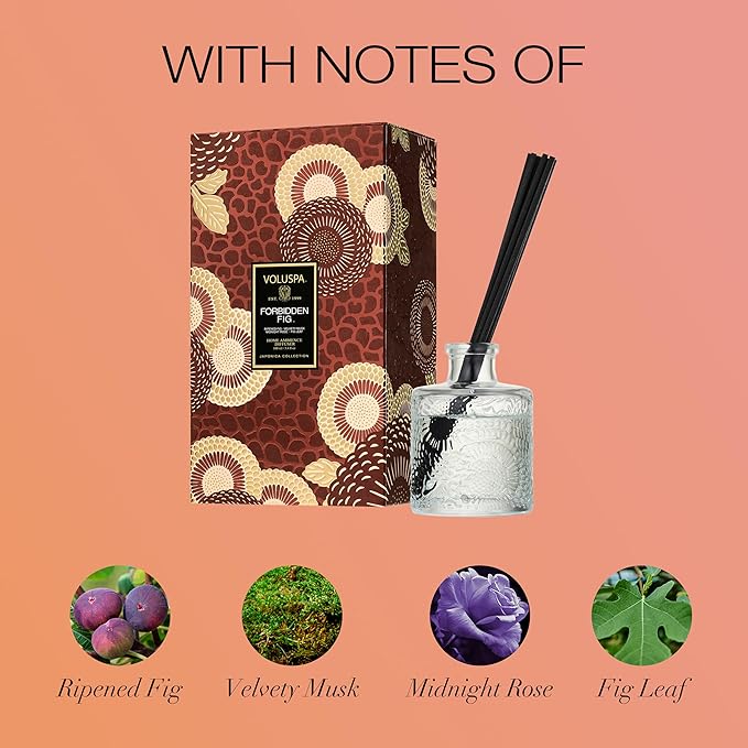 Voluspa Forbidden Fig Scented Reed Diffuser 3.4 Oz Luxury Fragrant Reed Diffusers for Home Handcrafted in The USA