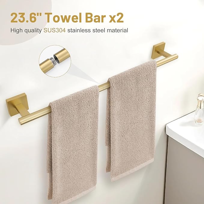 10 Pieces Brushed Gold Towel Bar Set 23.6 Inch Bathroom Accessories Set SUS304 Stainless Steel Bathroom Hardware Set Towel Racks for Bathroom Wall Mounted.
