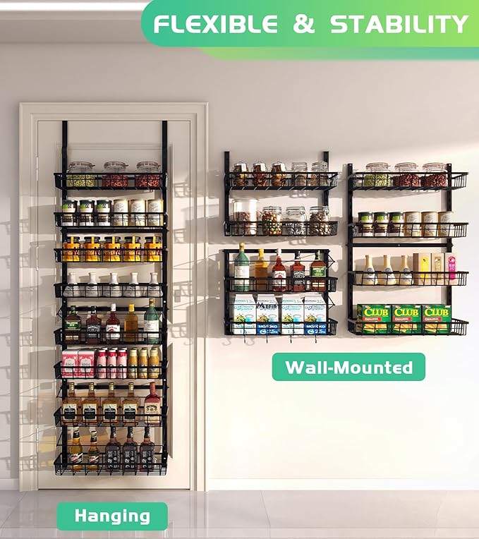 Over The Door Pantry Organizer Wall Mount Spice Rack Pantry Hanging Storage and Organization 8 Adjustable Baskets Heavy-Duty Metal for Home &amp Kitchen Back of Door Seasoning Rack - Black