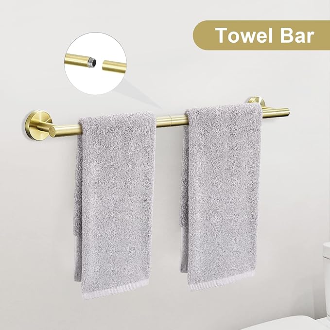TURS Brushed Gold Bathroom Hardware Set 5 Piece SUS304 Stainless Steel Bath Towel Bar Set 24 Inch Bathroom Accessories Kit Wall Mounted