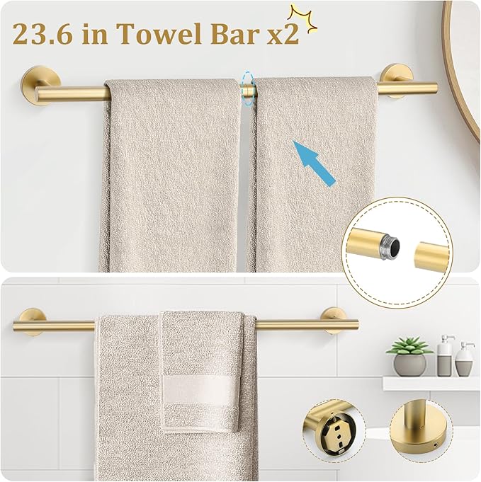 TURS Brushed Gold 10 Pieces Bathroom Hardware Set SUS304 Stainless Steel 24 Inch Bath Towel Bar Set Round Bathroom Accessories Kit Wall Mounted