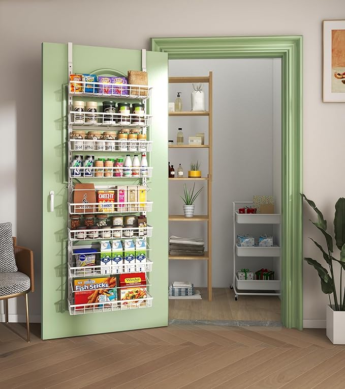 Over The Door Pantry Organizer Wall Mount Spice Rack Pantry Hanging Storage and Organization 8 Adjustable Baskets Heavy-Duty Metal for Home &amp Kitchen Back of Door Seasoning Rack - White