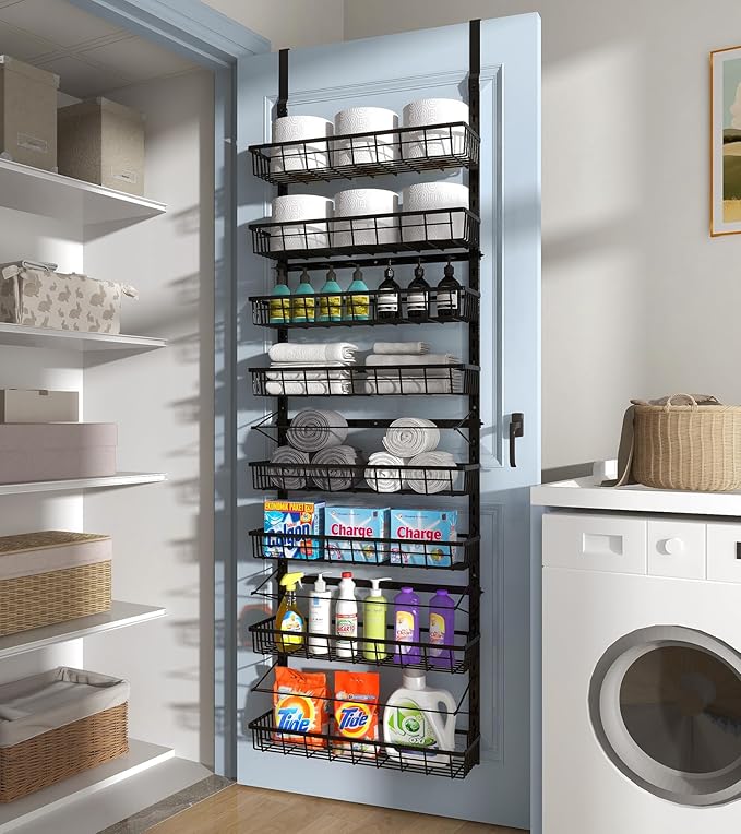 Over The Door Pantry Organizer Wall Mount Spice Rack Pantry Hanging Storage and Organization 8 Adjustable Baskets Heavy-Duty Metal for Home &amp Kitchen Back of Door Seasoning Rack - Black